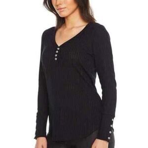 Chaser Black Waffle Knit Thermal Long Sleeve Henley Top Size Large